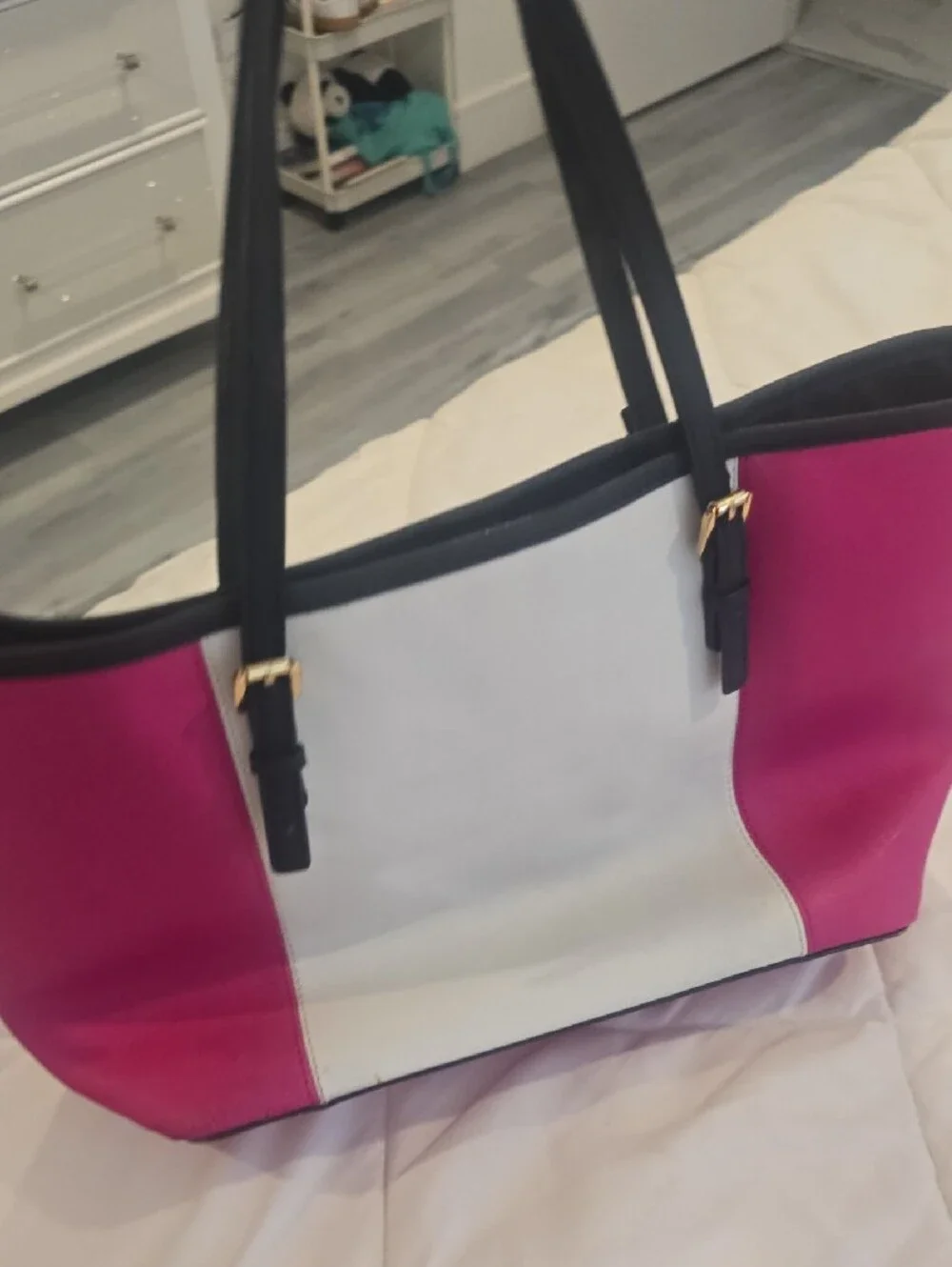 Michael Kors Hot Pink, White and Black Tote with Gold Logo Charm